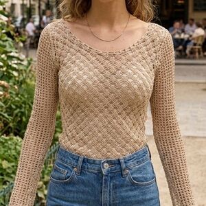 Bead Detail Beige Crochet Women's Top - Debbie Shuchat - XS